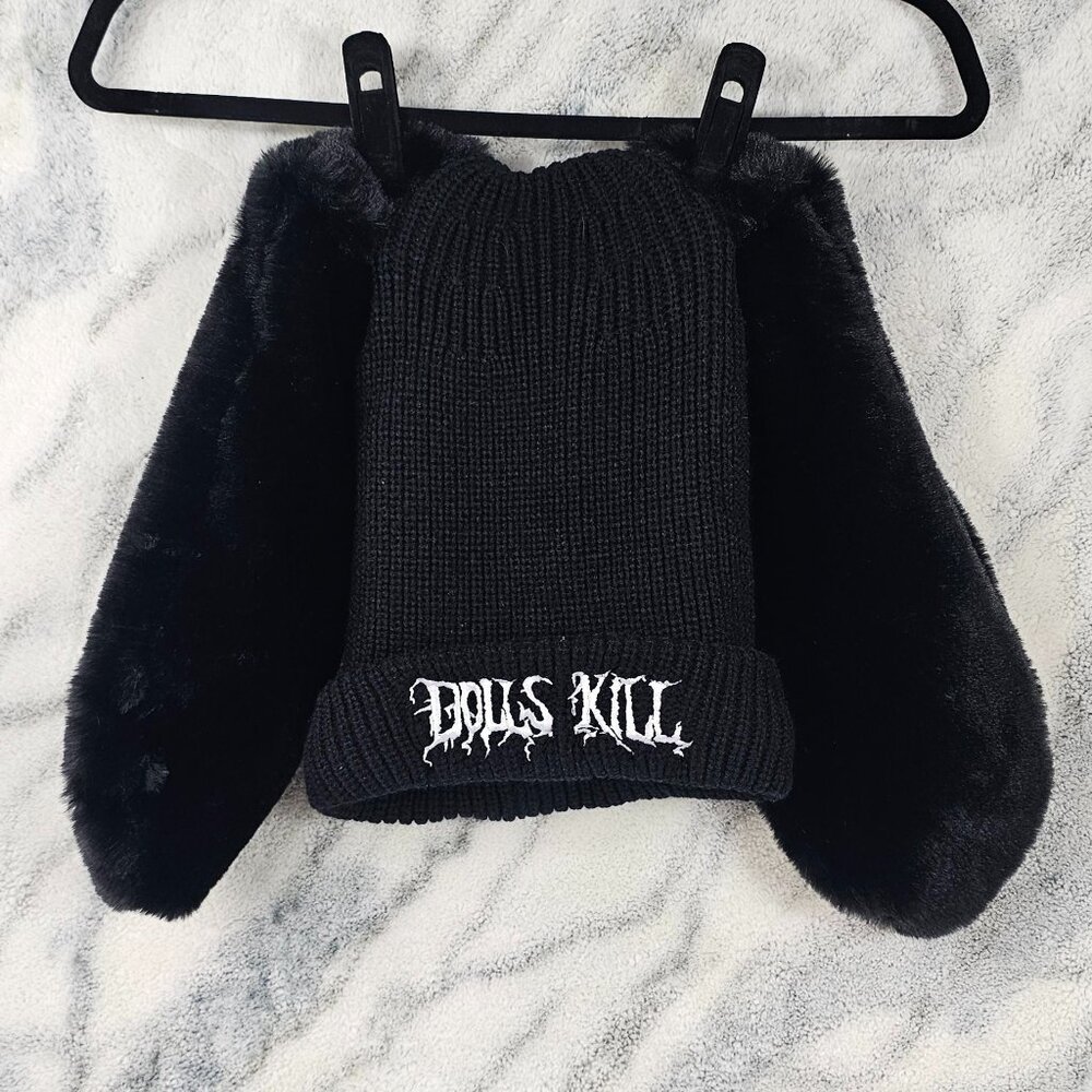 NEW Dolls Kill Logo Merch Black Oversized Furry Fuzzy Bunny Ears Knit Beanie